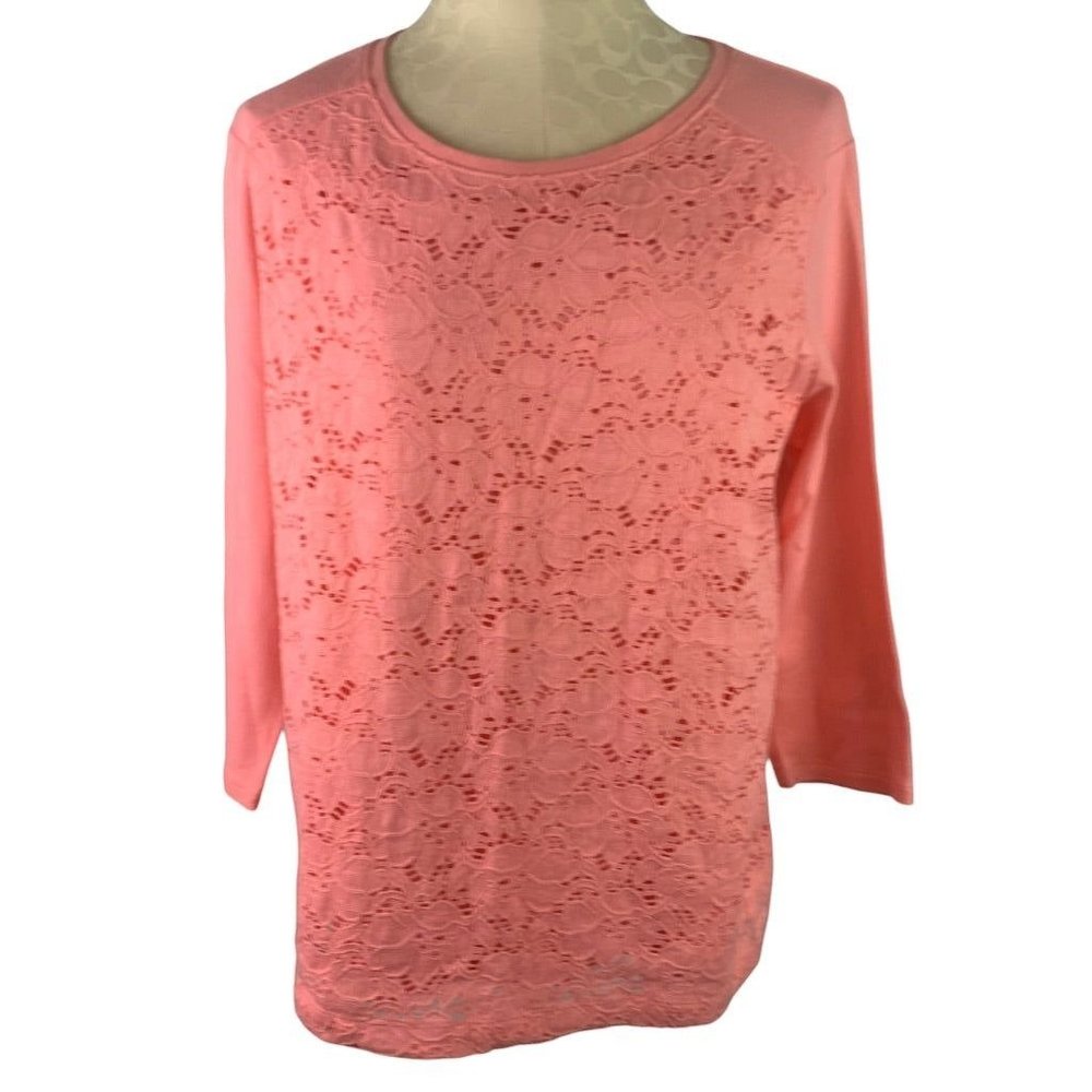 Large‎ Petite Croft & Barrow Women's Coral Pink 3/4 Sleeve Lace Front Tshirt